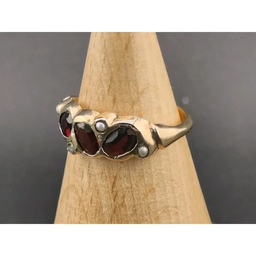 Vintage 14K Gold Red Glass Paste & Seed Pearl Ring 2.10g Size 6 Victorian Style